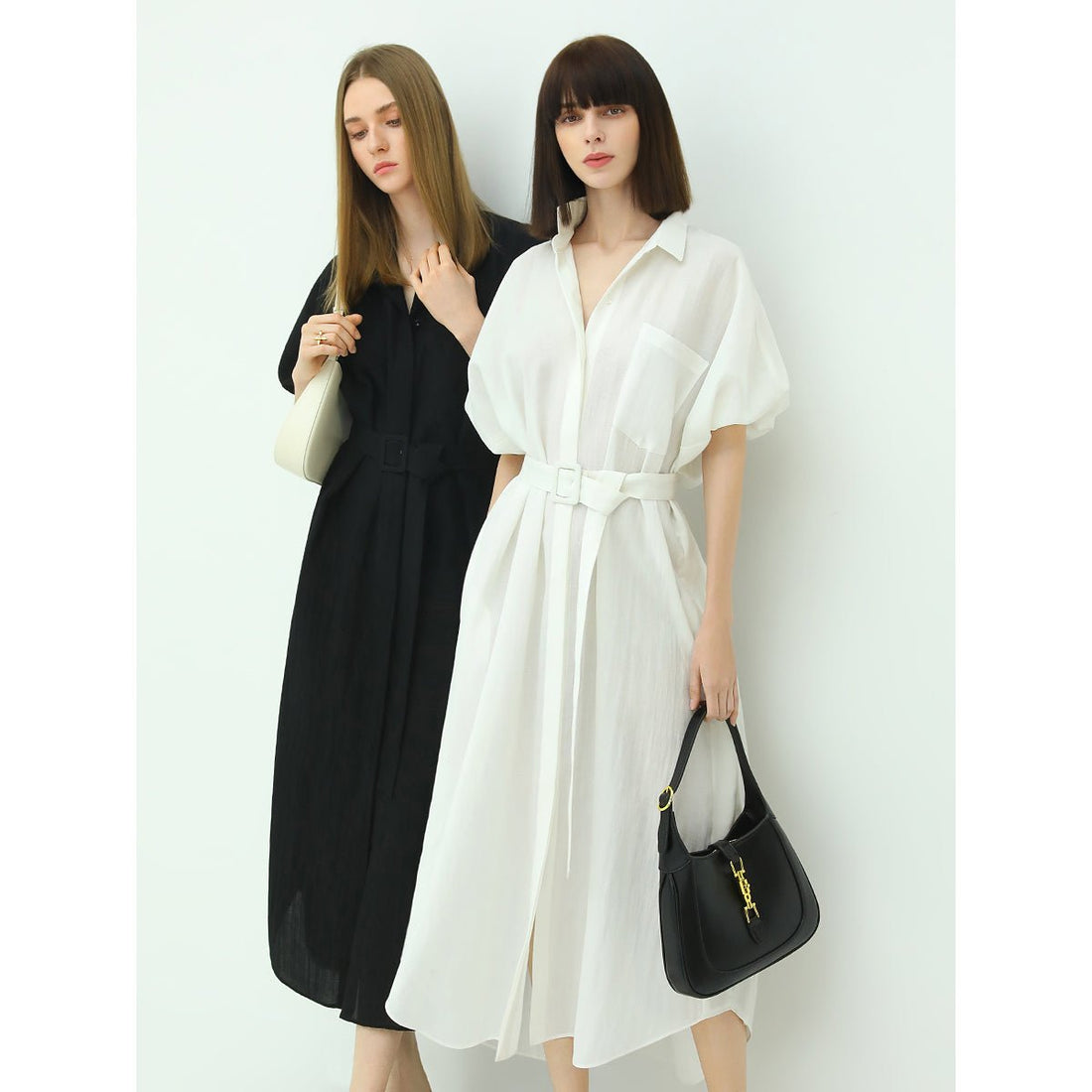Work Day Puff Sleeve Belted White Shirt Dress - 0cm