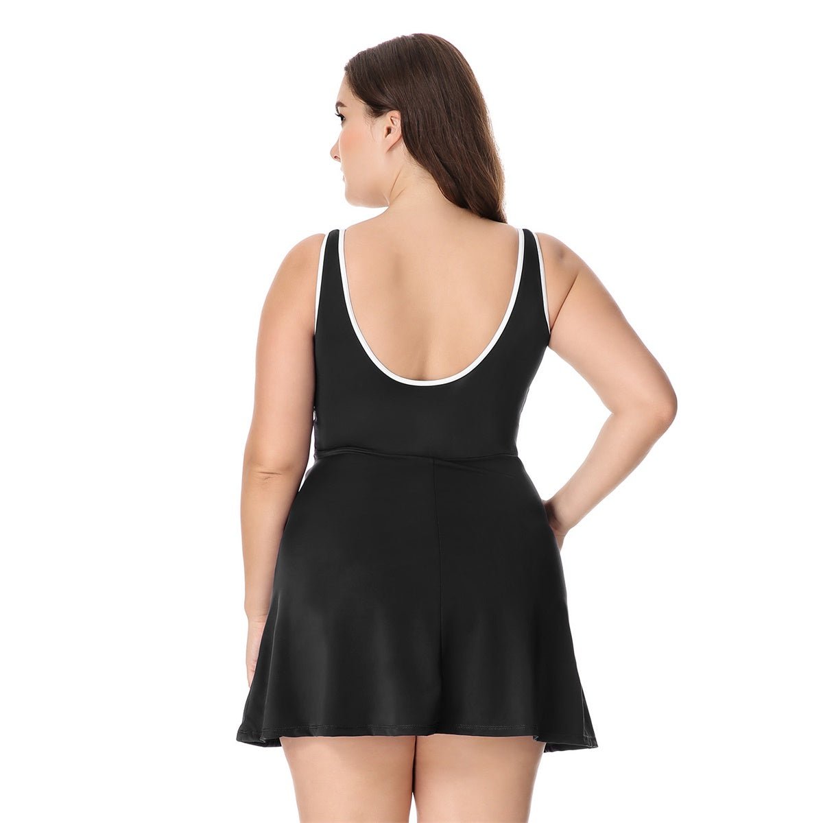 Zip Front Skirted Plus Size Black One Piece Swimsuit - 0cm