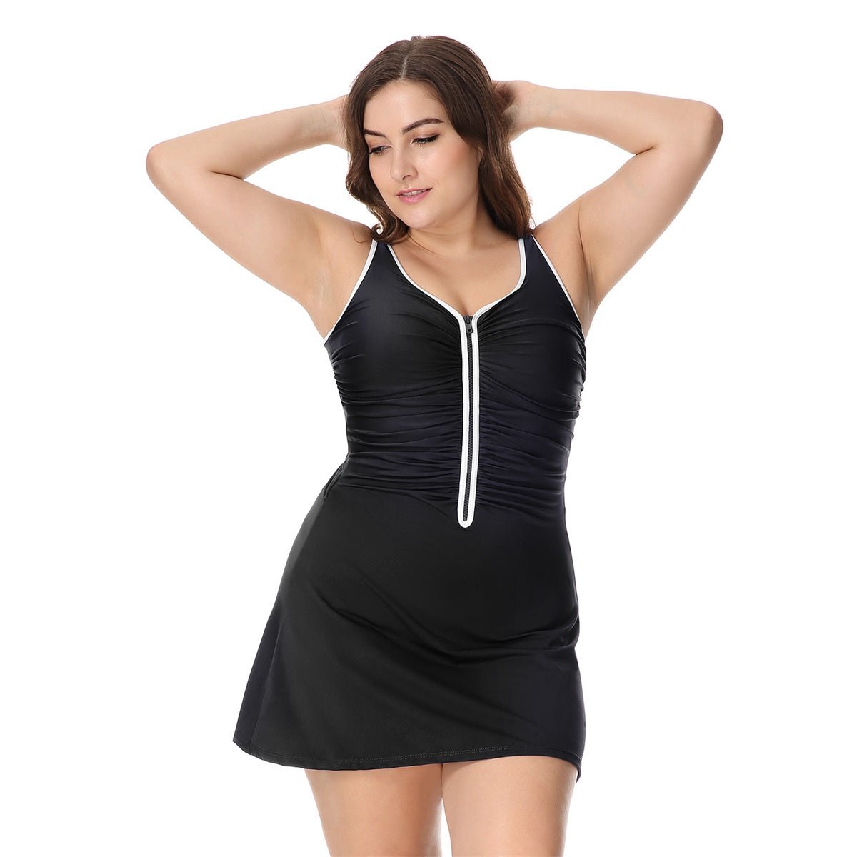 Zip Front Skirted Plus Size Black One Piece Swimsuit   0cm